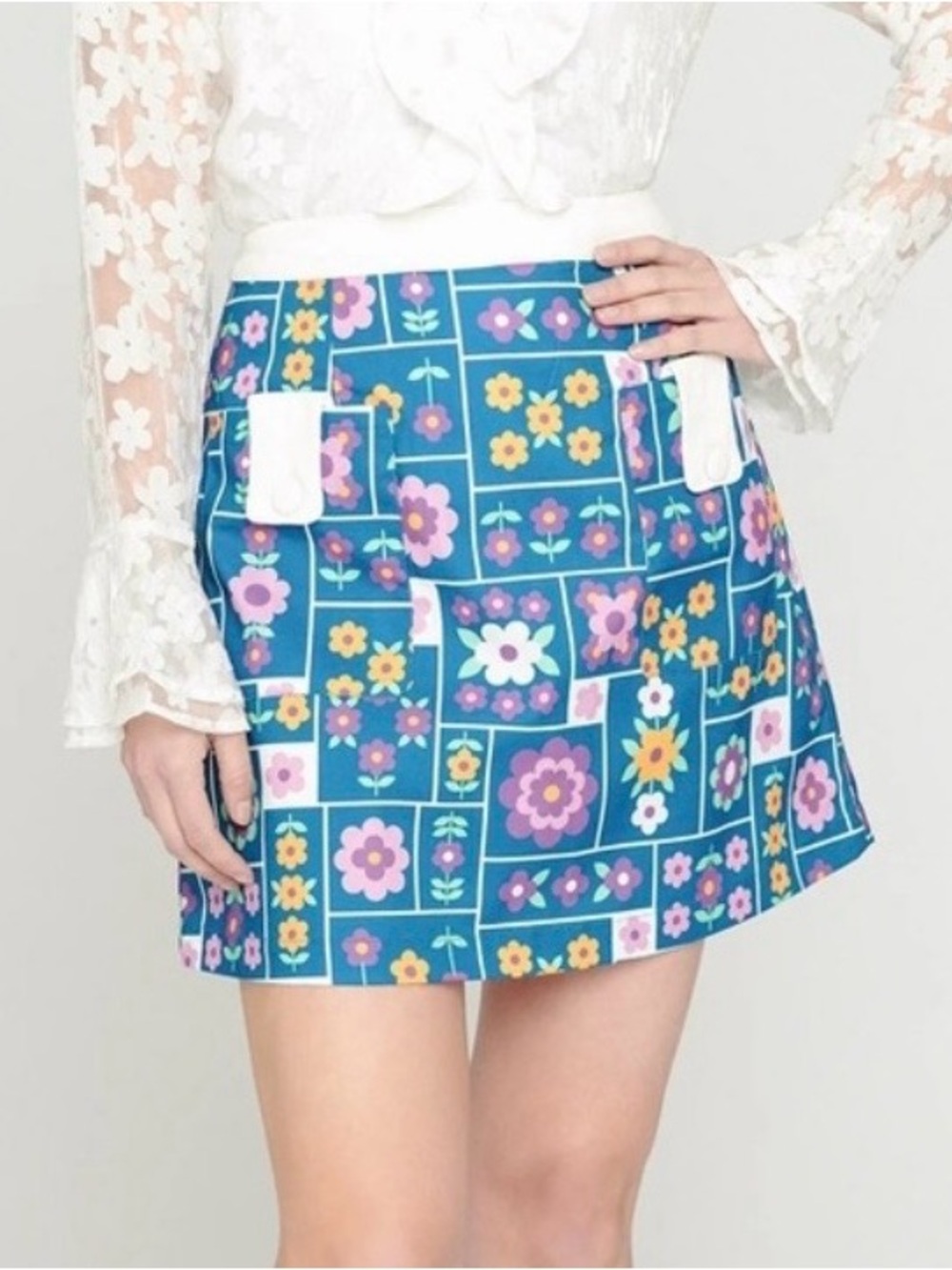 Smak Parlour x Unique Vintage 1960s Teal Wallpaper Floral Mini Skirt, Plus XXL - Picture 2 of 10
